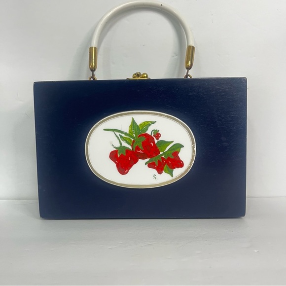 vintage wooden box purse hand painted strawberries  navy blue white handle 9x3x6 - Picture 1 of 10